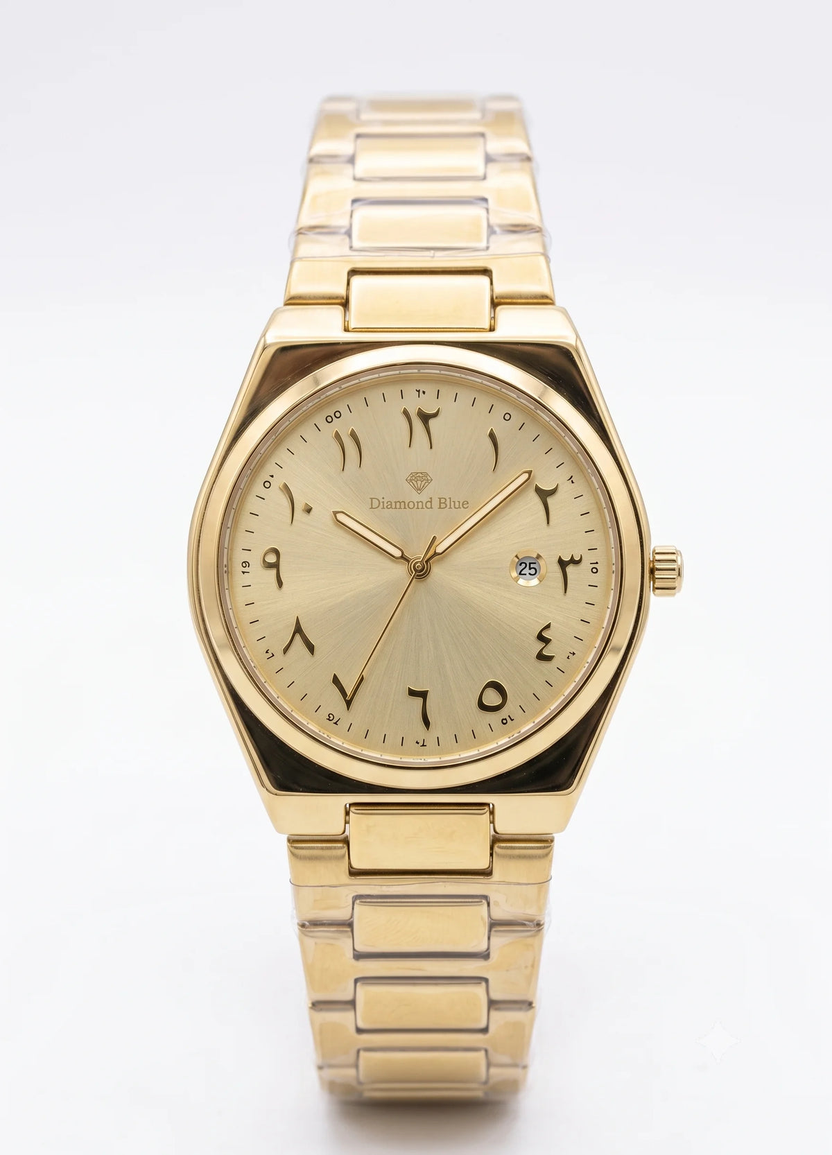 Diamond Blue DB-008 gold men's watch front view with Arabic numerals and date display