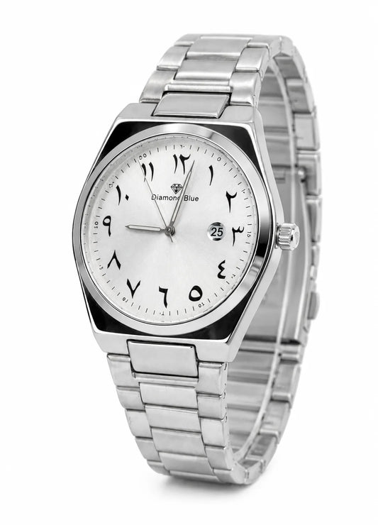 Diamond Blue DB-010 luxury men's silver watch shown at an angled view with Arabic numeral dial and stainless steel bracelet.