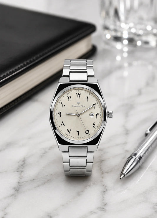 Diamond Blue DB-011 luxury men's silver watch with ivory Arabic numeral dial displayed on a premium marble surface.