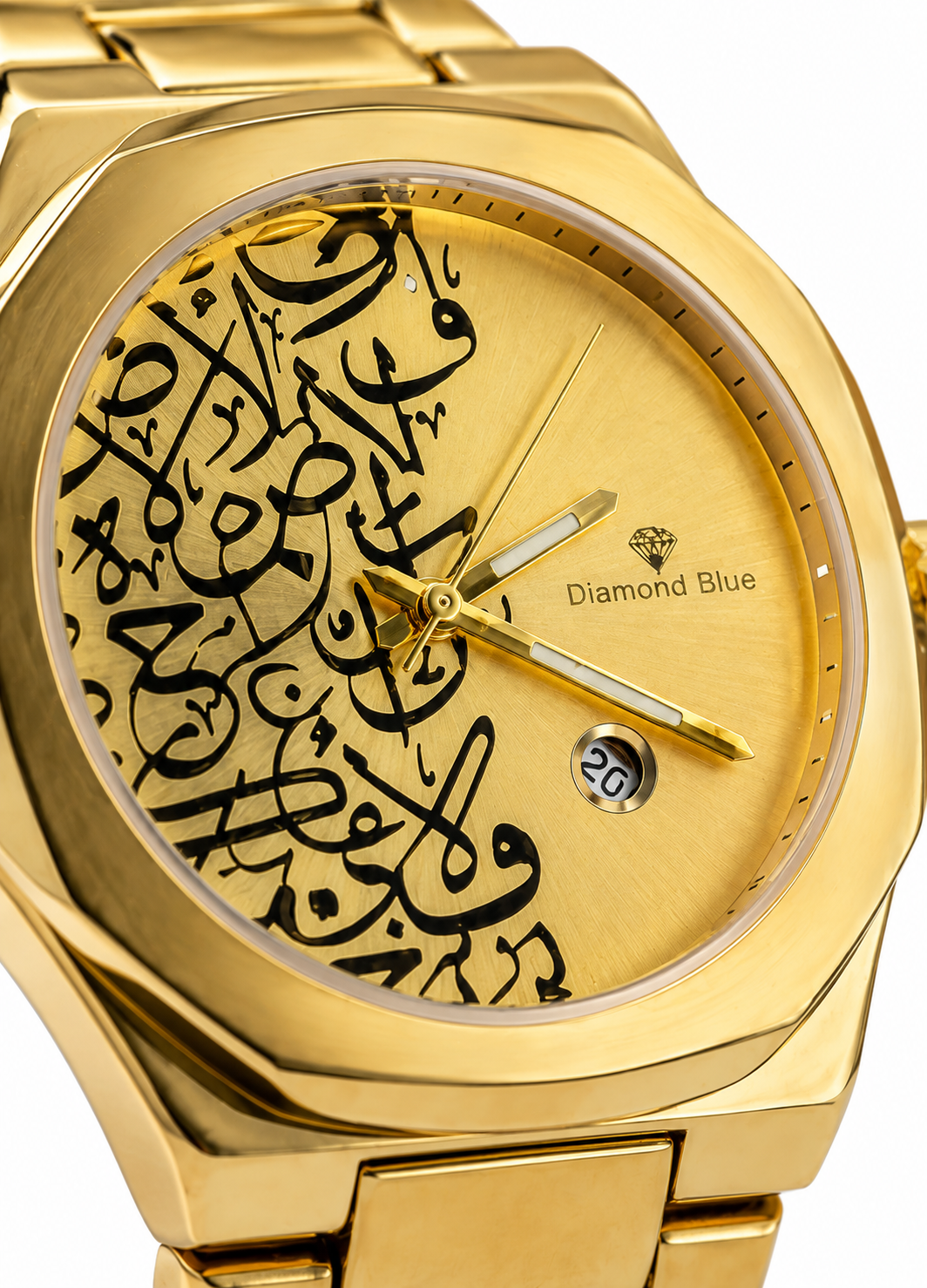 Close-up of Diamond Blue DB-017 gold dial featuring detailed black Arabic calligraphy, hands and date display.