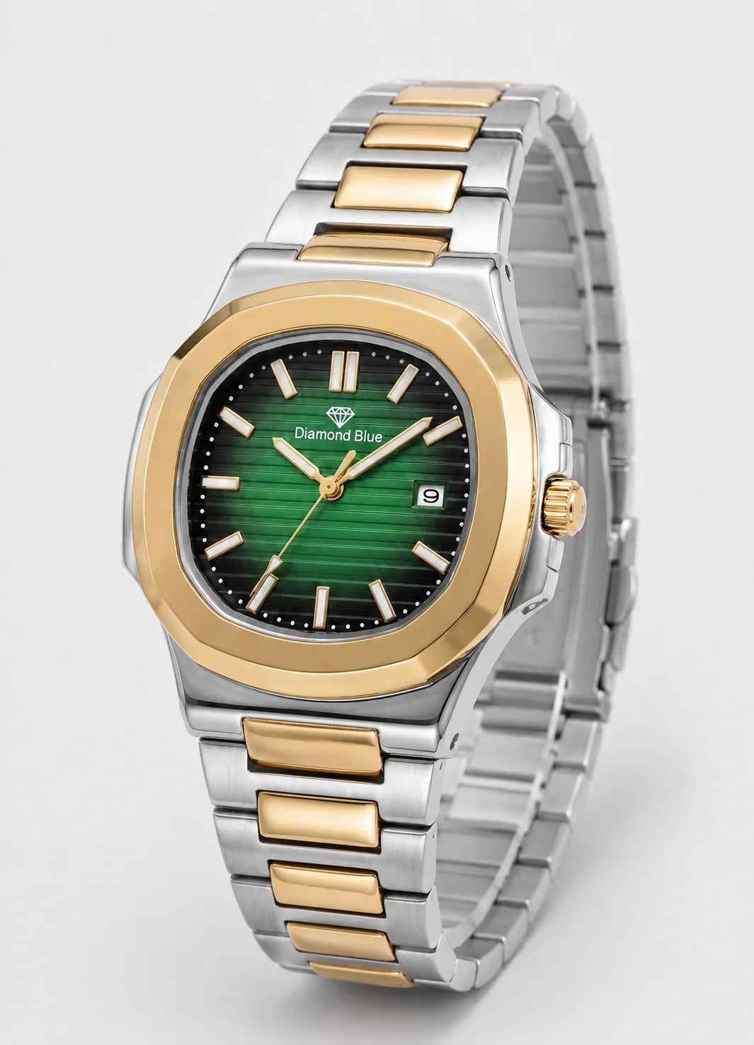 Diamond Blue DB-002 Royal Heritage men's luxury green dial two-tone stainless steel watch left angle view.