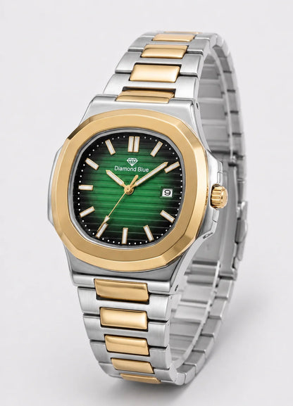 Diamond Blue DB-002 Royal Heritage men's luxury green dial two-tone stainless steel watch left angle view.