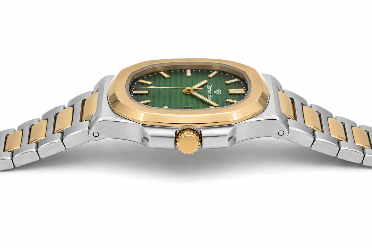 Diamond Blue DB-002 men's two-tone stainless steel luxury watch side profile showing slim case and integrated bracelet.