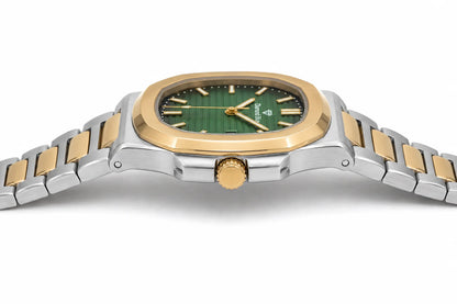 Diamond Blue DB-002 men's two-tone stainless steel luxury watch side profile showing slim case and integrated bracelet.
