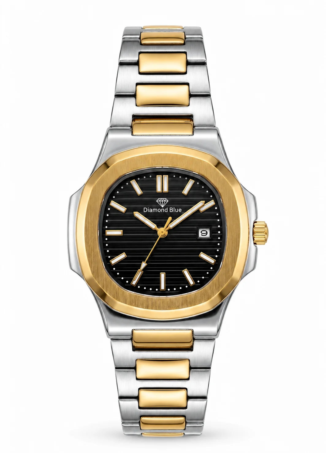 Diamond Blue Royal Heritage DB-003 men's luxury two-tone stainless steel watch featuring a black textured dial, gold bezel, quartz movement, and date display front view.