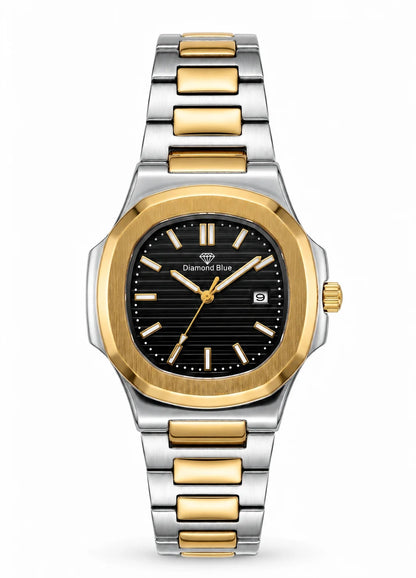 Diamond Blue Royal Heritage DB-003 men's luxury two-tone stainless steel watch featuring a black textured dial, gold bezel, quartz movement, and date display front view.