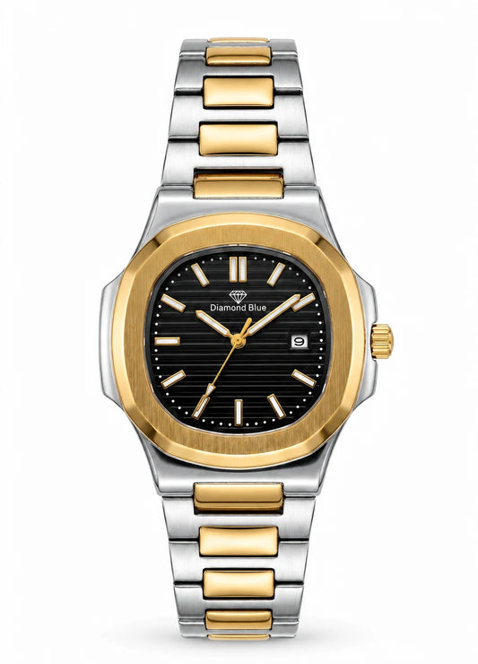 Diamond Blue Royal Heritage DB-003 men's luxury two-tone stainless steel watch featuring a black textured dial, gold bezel, quartz movement, and date display front view.