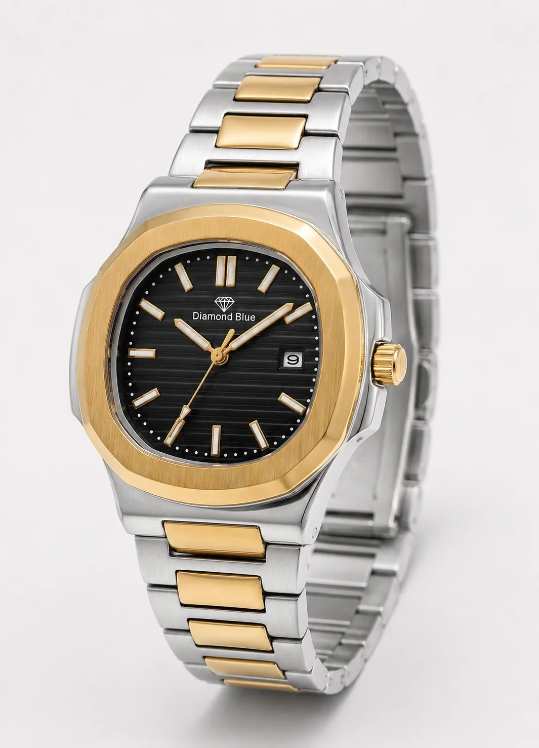 Diamond Blue Royal Heritage DB-003 luxury two-tone men's watch with black textured dial viewed from the left angle.