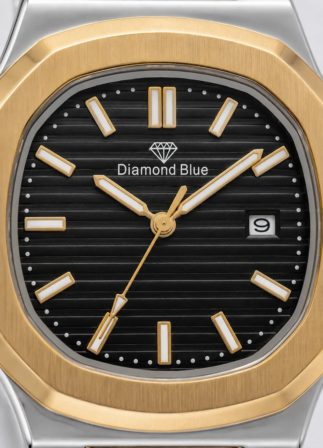 Close-up of the Diamond Blue DB-003 black textured dial featuring gold hands, date display, and premium luxury detailing.