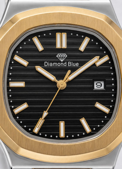 Close-up of the Diamond Blue DB-003 black textured dial featuring gold hands, date display, and premium luxury detailing.