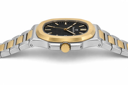 Diamond Blue DB-003 two-tone stainless steel luxury men's watch side profile showing the slim case, gold bezel, integrated bracelet, and premium craftsmanship.
