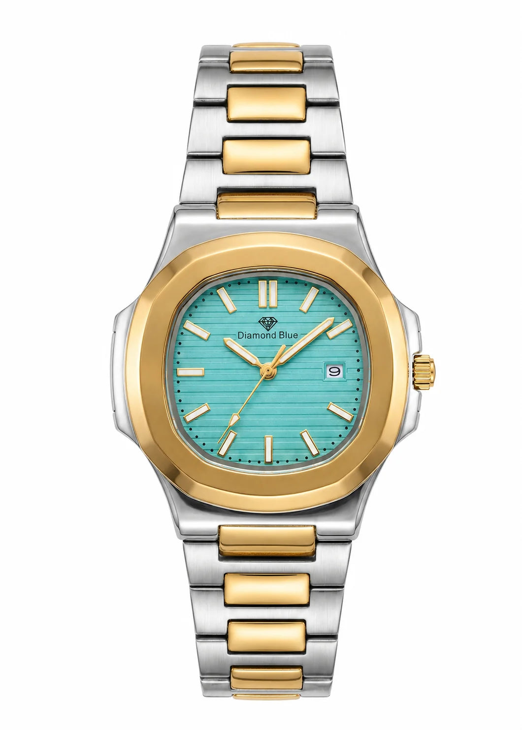 Diamond Blue Royal Heritage DB-004 men's luxury two-tone stainless steel watch featuring a Tiffany blue textured dial, gold bezel, integrated bracelet, Japanese quartz movement, and date display.

Diamond Blue DB-004 Royal Heritage front view showcasing the elegant Tiffany blue textured dial and premium two-tone stainless steel construction.