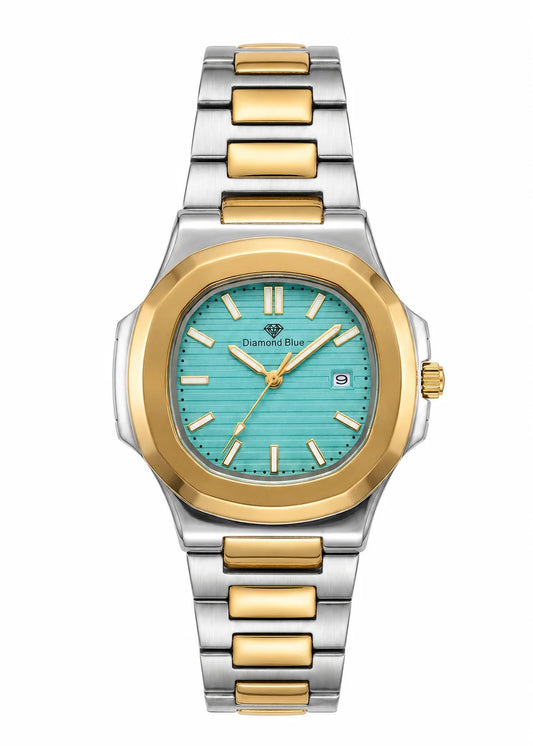 Diamond Blue Royal Heritage DB-004 men's luxury two-tone stainless steel watch featuring a Tiffany blue textured dial, gold bezel, integrated bracelet, Japanese quartz movement, and date display.

Diamond Blue DB-004 Royal Heritage front view showcasing the elegant Tiffany blue textured dial and premium two-tone stainless steel construction.