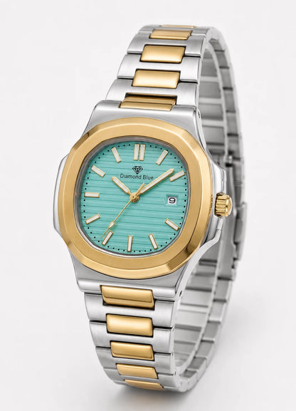 Angled view of the Diamond Blue DB-004 luxury men's watch with a Tiffany blue dial, gold bezel, two-tone stainless steel bracelet, and date display.

Premium angled view of the Diamond Blue DB-004 highlighting its luxury two-tone bracelet and Tiffany blue dial.