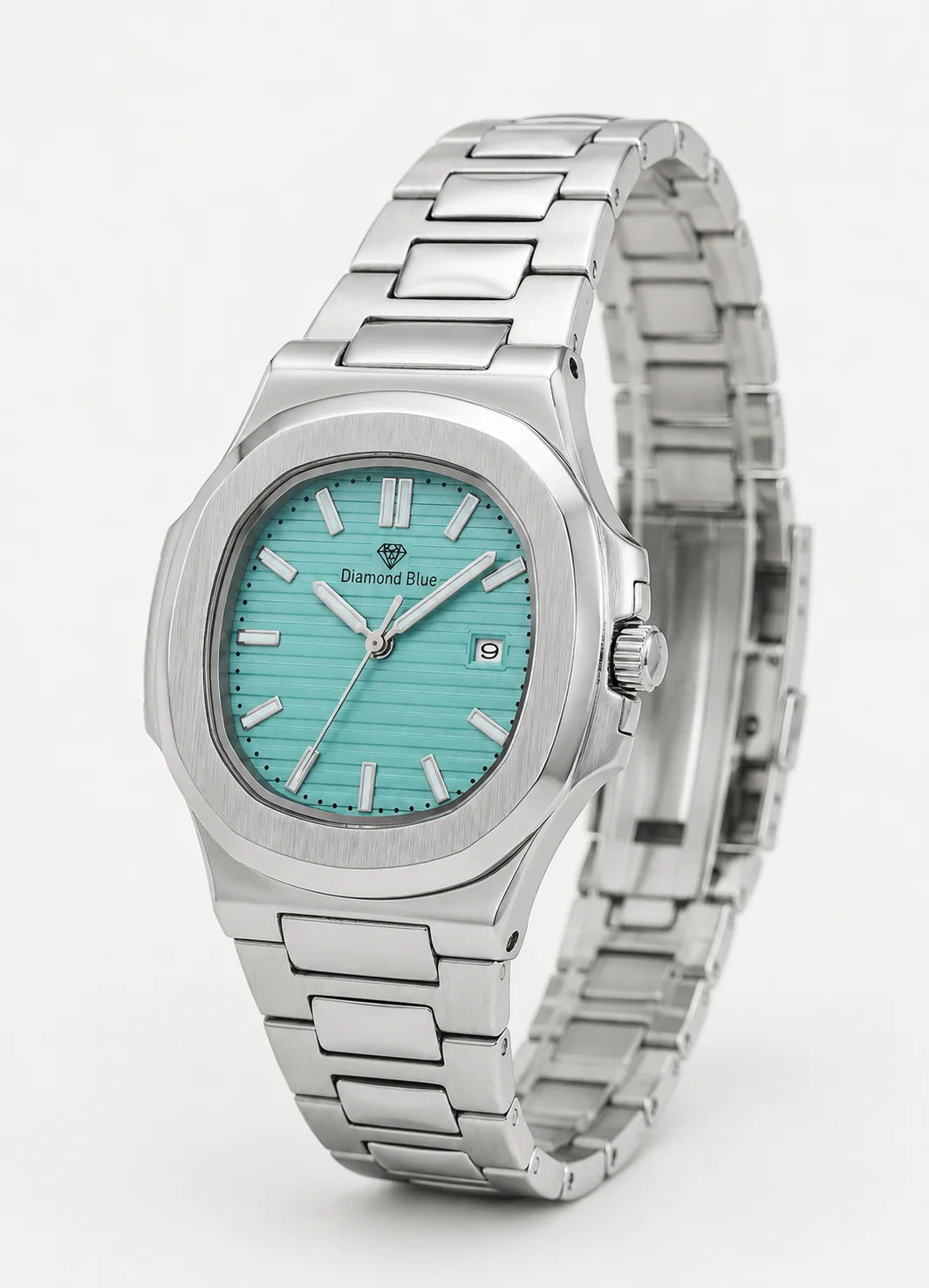 Diamond Blue DB-005 luxury men's silver watch with Tiffany blue dial displayed at a premium angle.