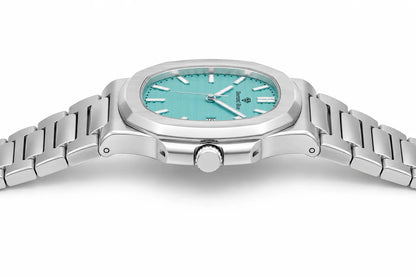 Side profile of Diamond Blue DB-005 stainless steel luxury men's watch showing slim case and integrated bracelet.