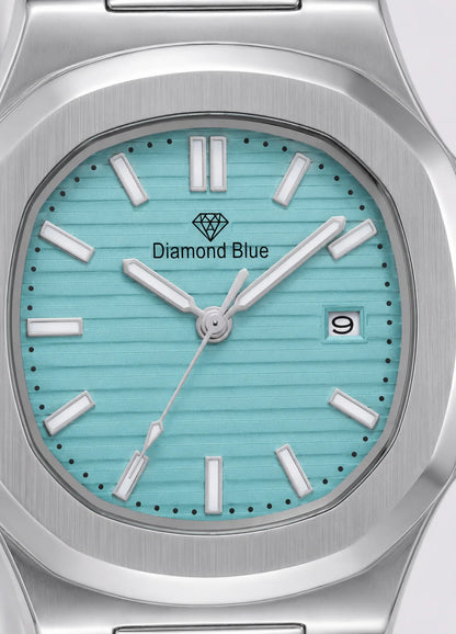 Close-up of Diamond Blue DB-005 Tiffany blue textured dial with silver hour markers and date display.