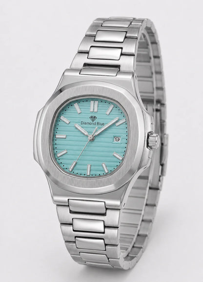 Angled view of Diamond Blue DB-005 luxury silver men's watch with Tiffany blue dial and stainless steel bracelet.
