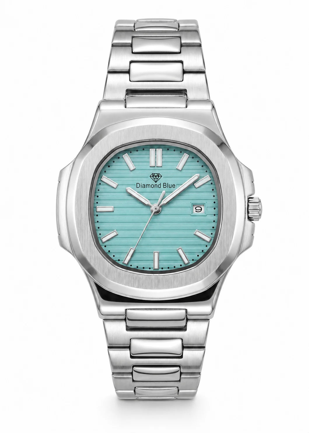 Diamond Blue DB-005 luxury men's silver stainless steel watch with Tiffany blue textured dial, date display and Japanese quartz movement.