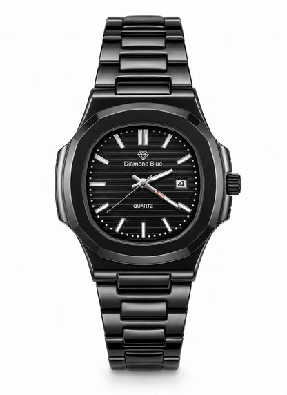 Diamond Blue DB-006 all black executive stainless steel men's watch front view with black textured dial