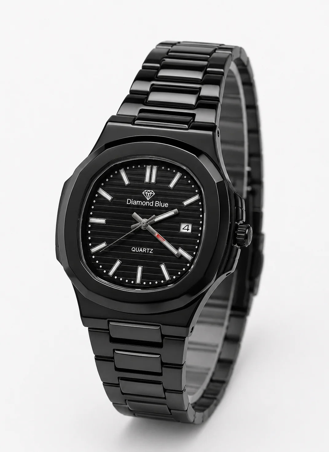 Diamond Blue DB-006 all black luxury stainless steel men's watch angled view