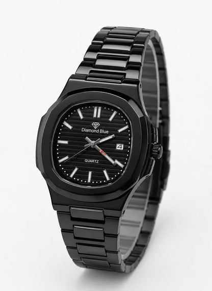 Diamond Blue DB-006 all black luxury stainless steel men's watch angled view