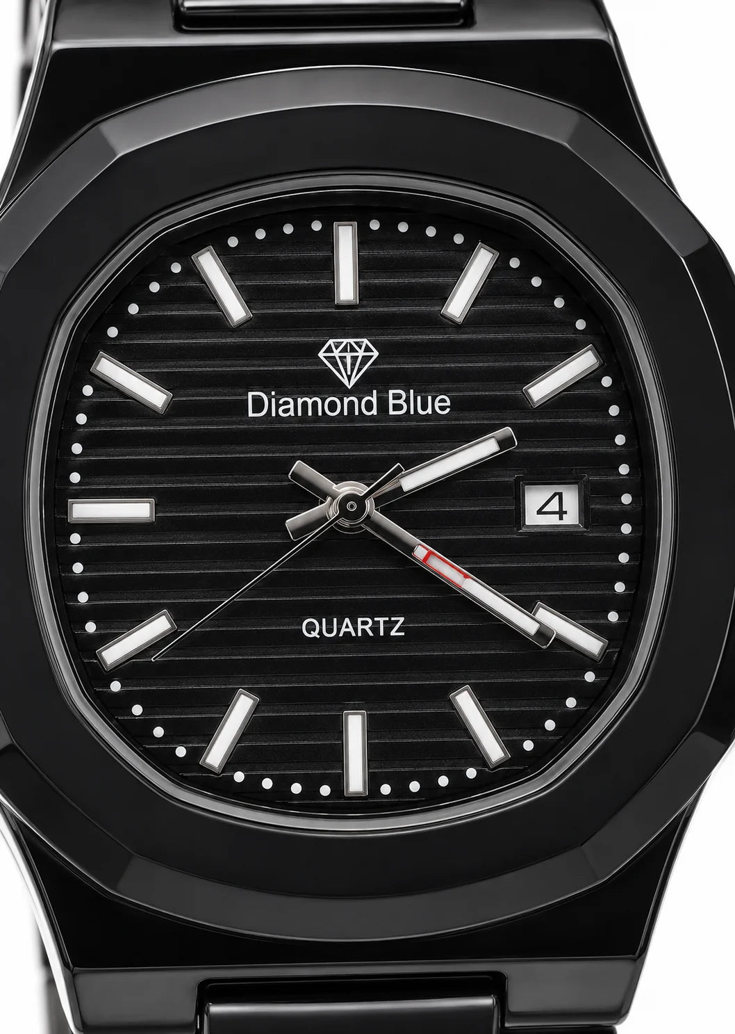 Close-up of Diamond Blue DB-006 black textured dial with date display