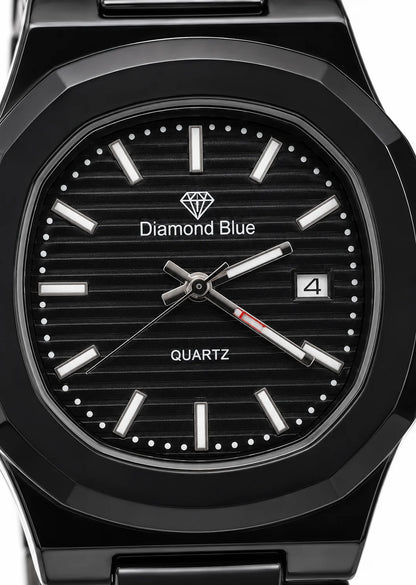 Close-up of Diamond Blue DB-006 black textured dial with date display