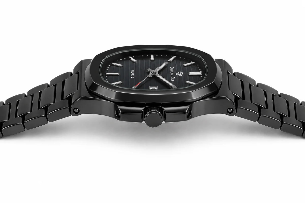 Diamond Blue DB-006 all black stainless steel watch side profile