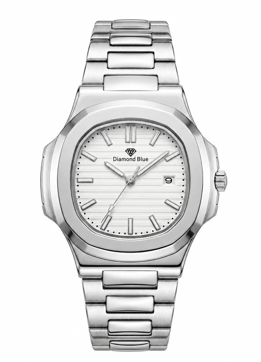 Diamond Blue Executive Heritage DB-007 men's stainless steel luxury watch featuring a white textured dial, quartz movement, date display, and silver bracelet front view.
