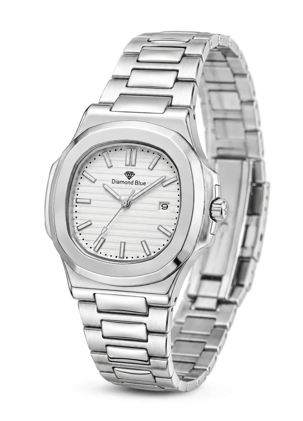 Diamond Blue Executive Heritage DB-007 luxury stainless steel men's watch with white textured dial viewed from the left angle.