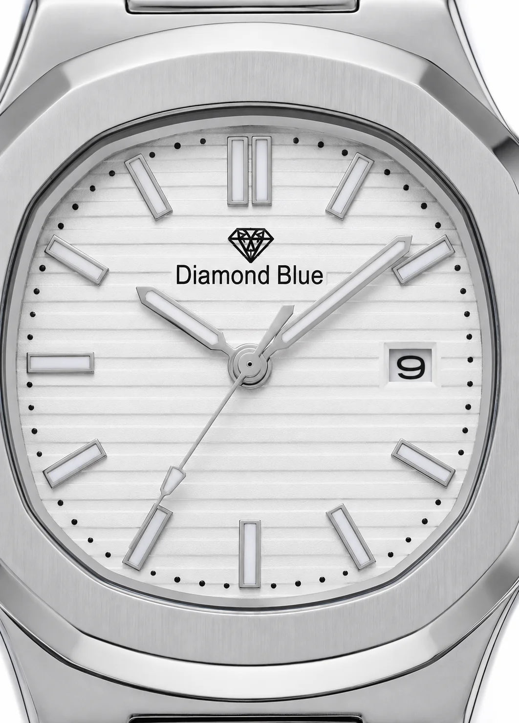 Close-up of the Diamond Blue DB-007 white textured dial featuring silver hands, date display, and luxury stainless steel detailing.