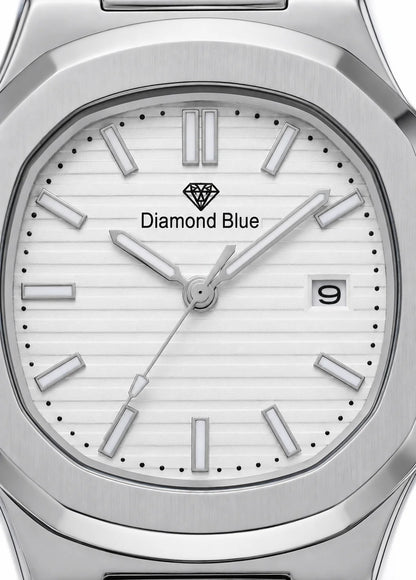 Close-up of the Diamond Blue DB-007 white textured dial featuring silver hands, date display, and luxury stainless steel detailing.
