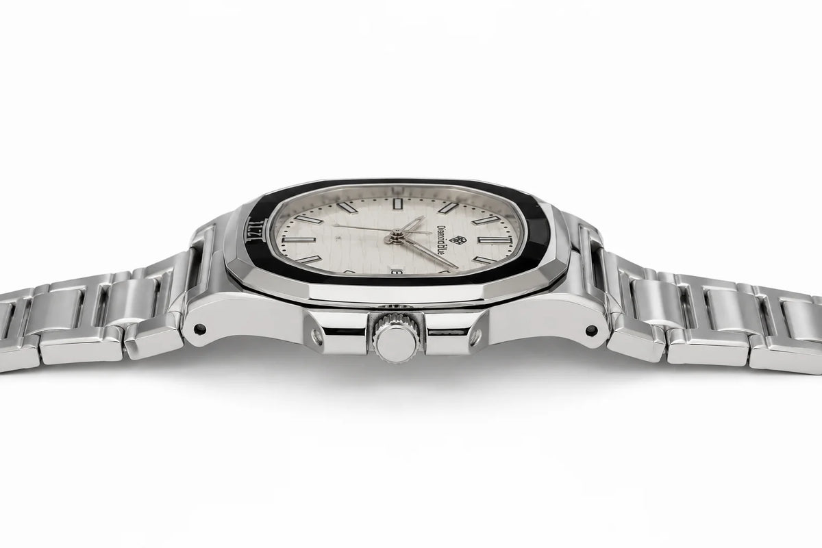 Diamond Blue DB-007 stainless steel luxury men's watch side profile showing slim case, integrated bracelet, and premium craftsmanship.