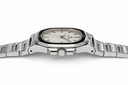 Diamond Blue DB-007 stainless steel luxury men's watch side profile showing slim case, integrated bracelet, and premium craftsmanship.