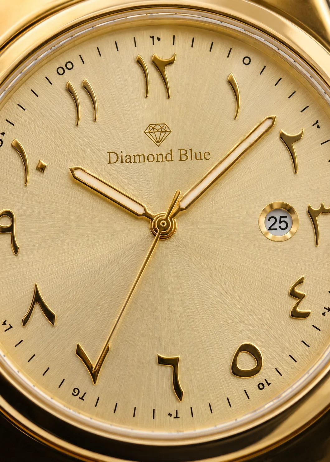 Diamond Blue DB-008 gold Arabic numerals dial close-up with date window