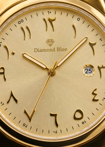 Diamond Blue DB-008 gold Arabic numerals dial close-up with date window
