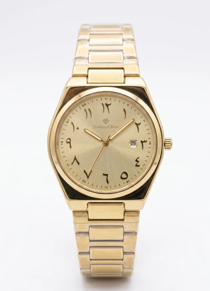 Diamond Blue DB-008 gold men's watch front view with Arabic numerals and date display