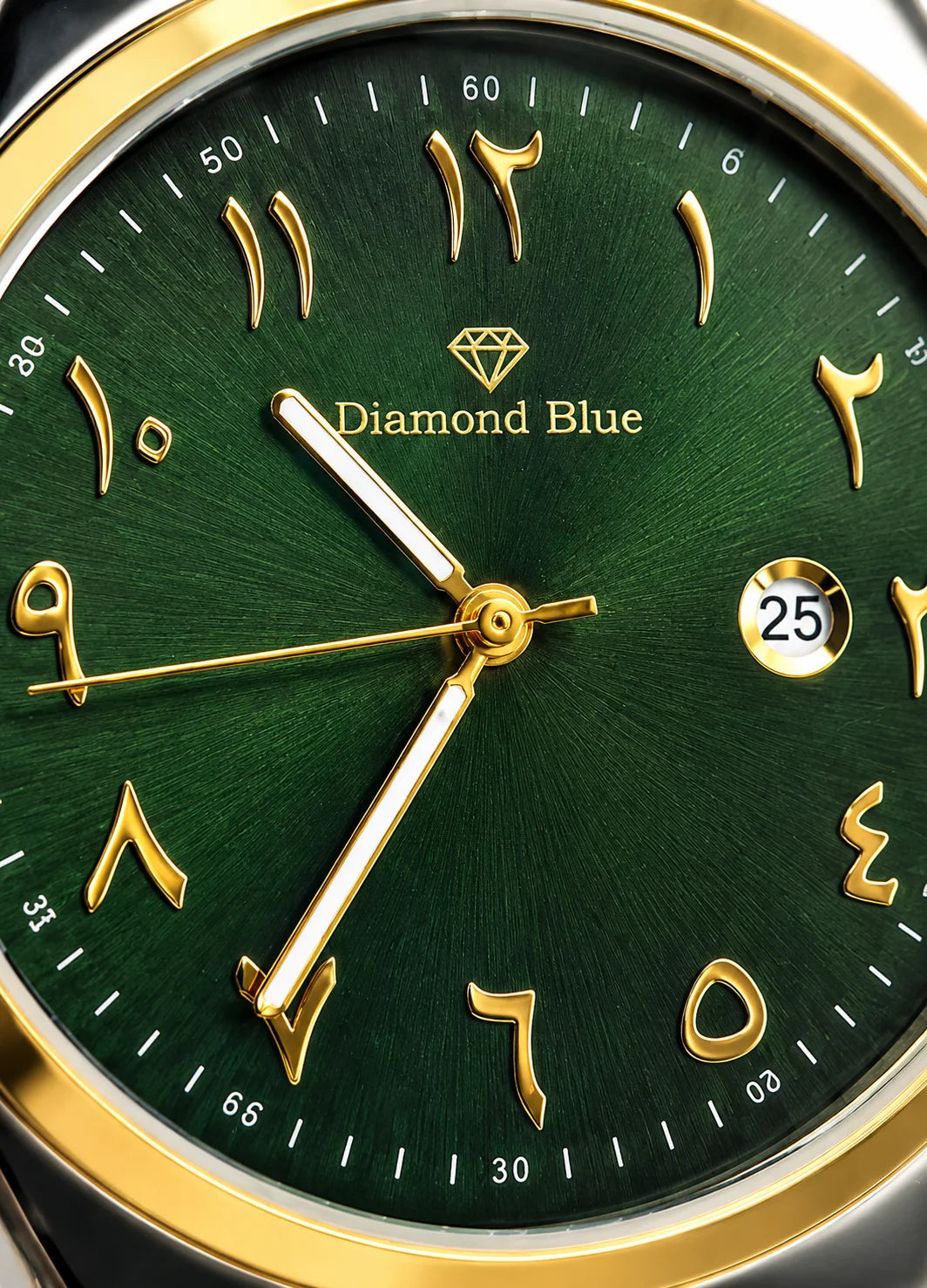 Diamond Blue DB-009 green dial gold Arabic numerals close up watch