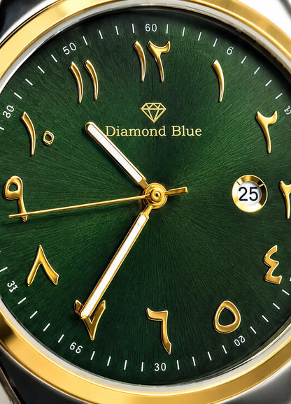 Diamond Blue DB-009 green dial gold Arabic numerals close up watch