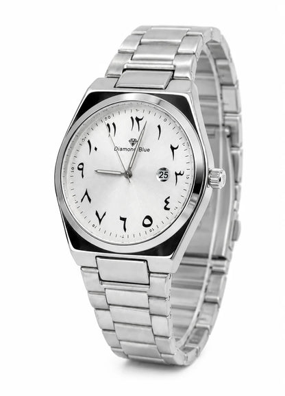 Diamond Blue DB-010 luxury men's silver watch shown at an angled view with Arabic numeral dial and stainless steel bracelet.