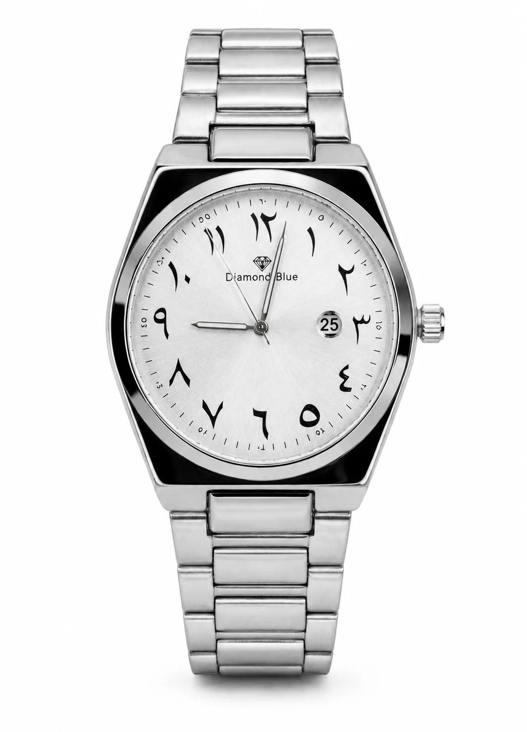 Diamond Blue DB-010 men's silver stainless steel watch with silver-white dial, black Arabic numerals and date display.