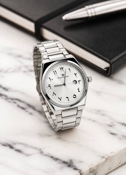 Diamond Blue DB-010 Arabic numeral silver men's watch displayed on a marble surface with a premium executive setting.