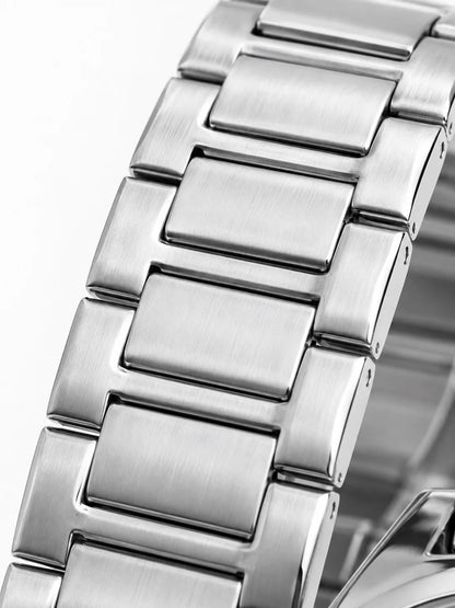 Close-up of the Diamond Blue DB-010 silver stainless steel watch bracelet showing its detailed metal links and finish.