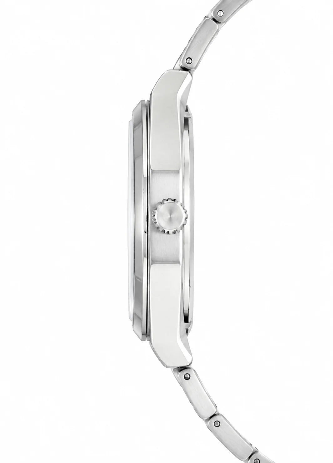 Side profile of Diamond Blue DB-010 silver stainless steel men's watch showing the case profile, crown and bracelet.