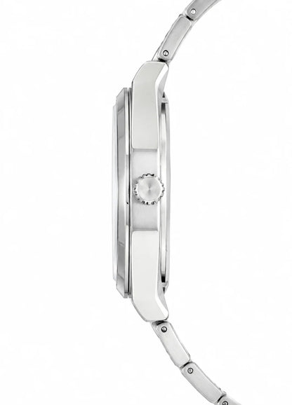 Side profile of Diamond Blue DB-010 silver stainless steel men's watch showing the case profile, crown and bracelet.
