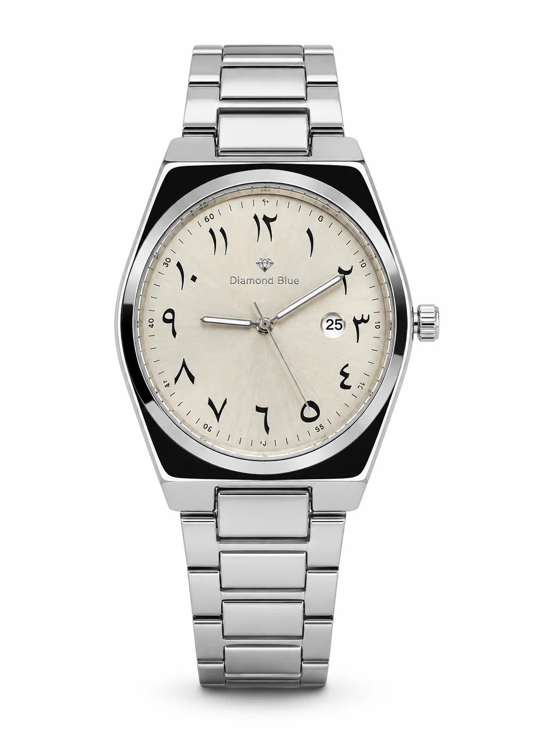 Diamond Blue DB-011 men's silver stainless steel watch with ivory sunburst dial, black Arabic numerals and date display.