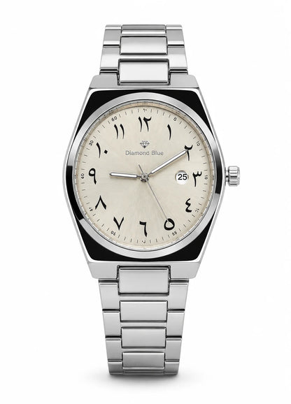 Diamond Blue DB-011 men's silver stainless steel watch with ivory sunburst dial, black Arabic numerals and date display.