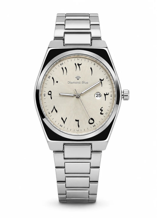 Diamond Blue DB-011 men's silver stainless steel watch with ivory sunburst dial, black Arabic numerals and date display.