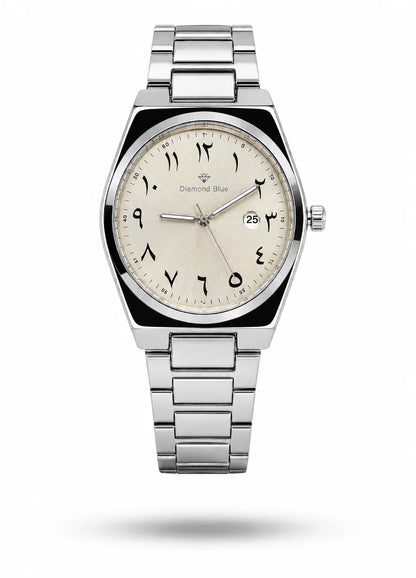 Close product view of Diamond Blue DB-011 luxury men's watch with ivory sunburst dial, black Arabic numerals and date display.